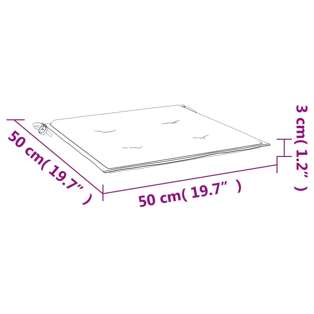 Diagram of a 19.7x19.7x1.2-inch square garden chair cushion with adjustable ties and measurement labels.