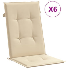 Six beige polyester highback chair cushions, each 47x20 inches, with ties.