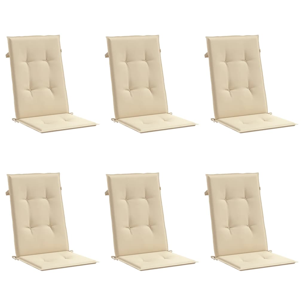 Six beige polyester highback chair cushions with non-slip straps and ties, 47x20 inches each