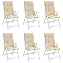 Six beige polyester highback chair cushions, 47x20 inches, with ties and straps.