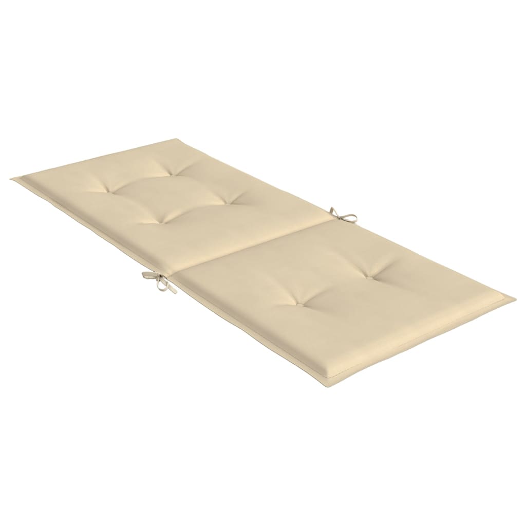 Six beige polyester highback chair cushions with ties and non-slip straps, 47x20 inches each.