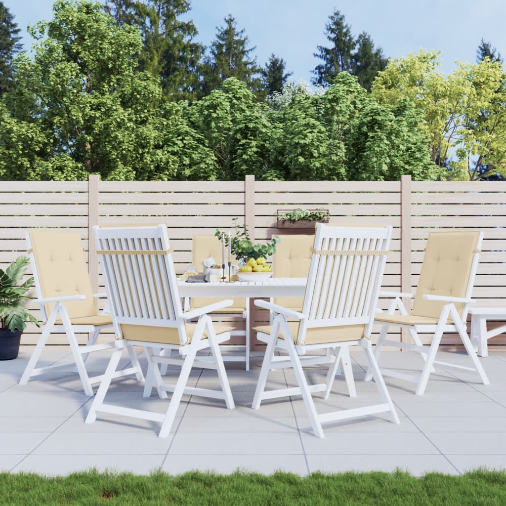 Six beige polyester highback chair cushions, 47x20in, with ties and straps, on white patio chairs.