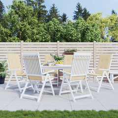 Six beige polyester highback chair cushions, 47x20in, with ties and straps, on white patio chairs.