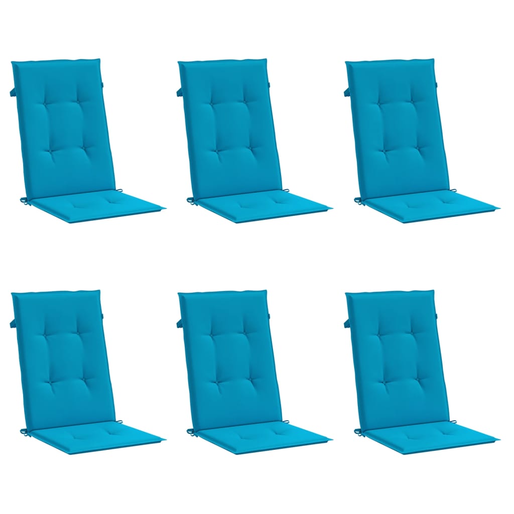 Six blue polyester high-back chair cushions are arranged in two rows.