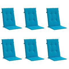 Six blue polyester high-back chair cushions are arranged in two rows.