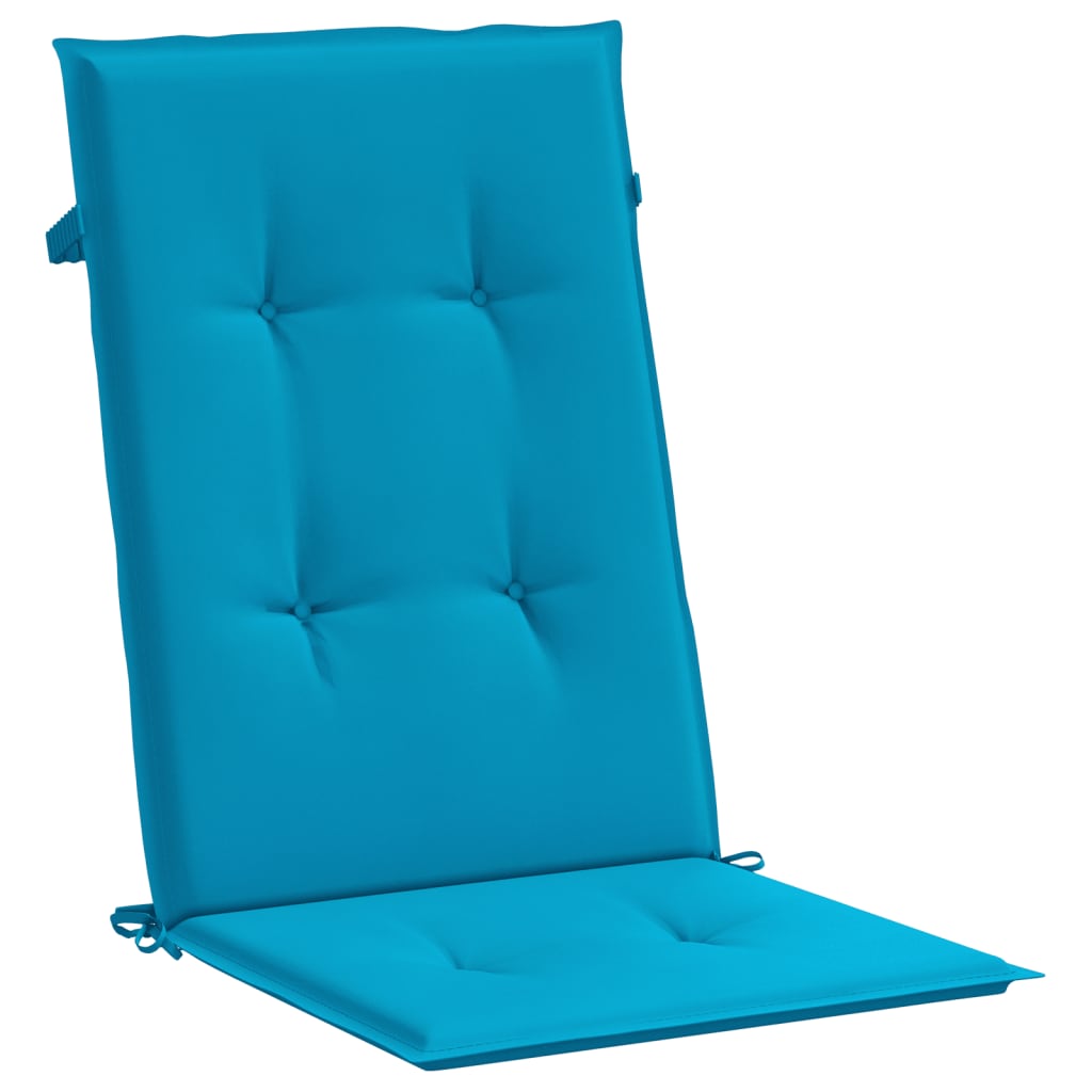 Six blue polyester highback chair cushions, each 47x20x1.2 inches, with ties.
