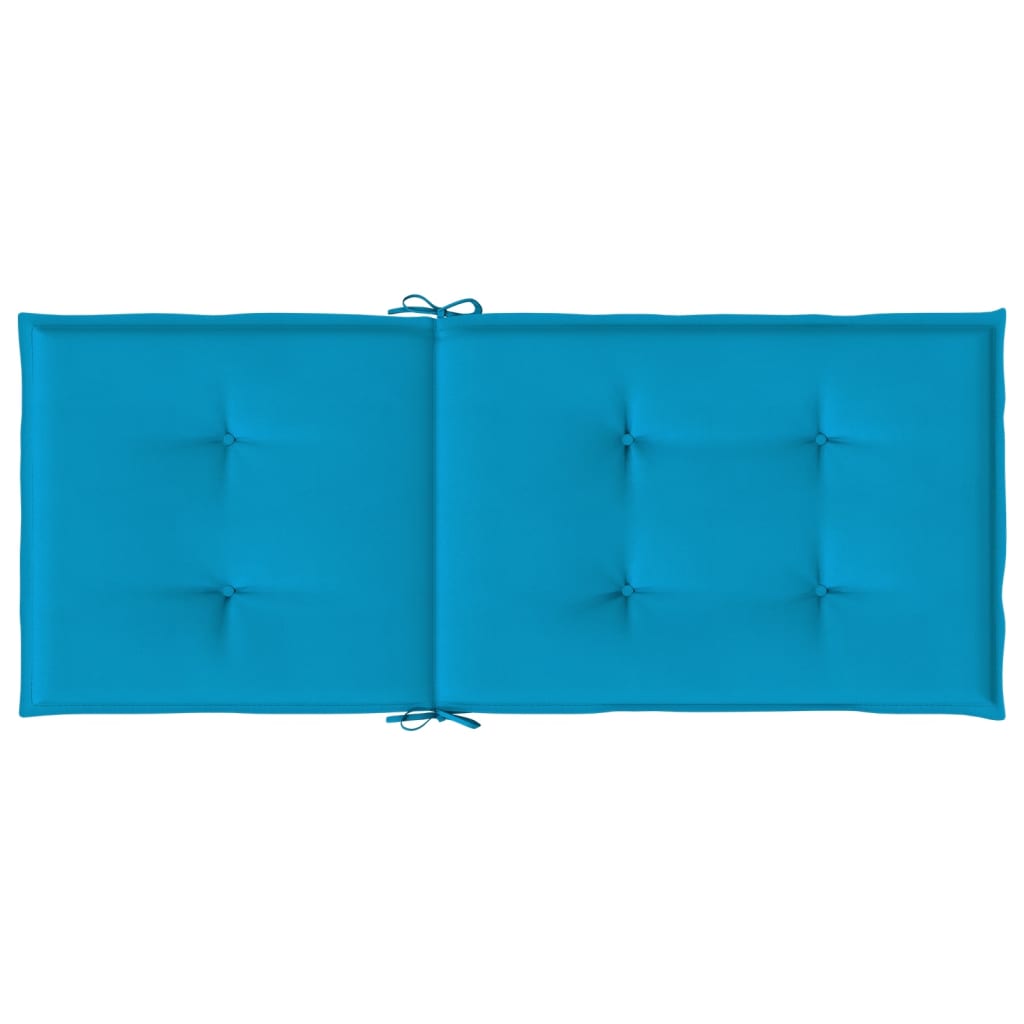 Two blue tufted high-back chair cushions with ties are shown from above.