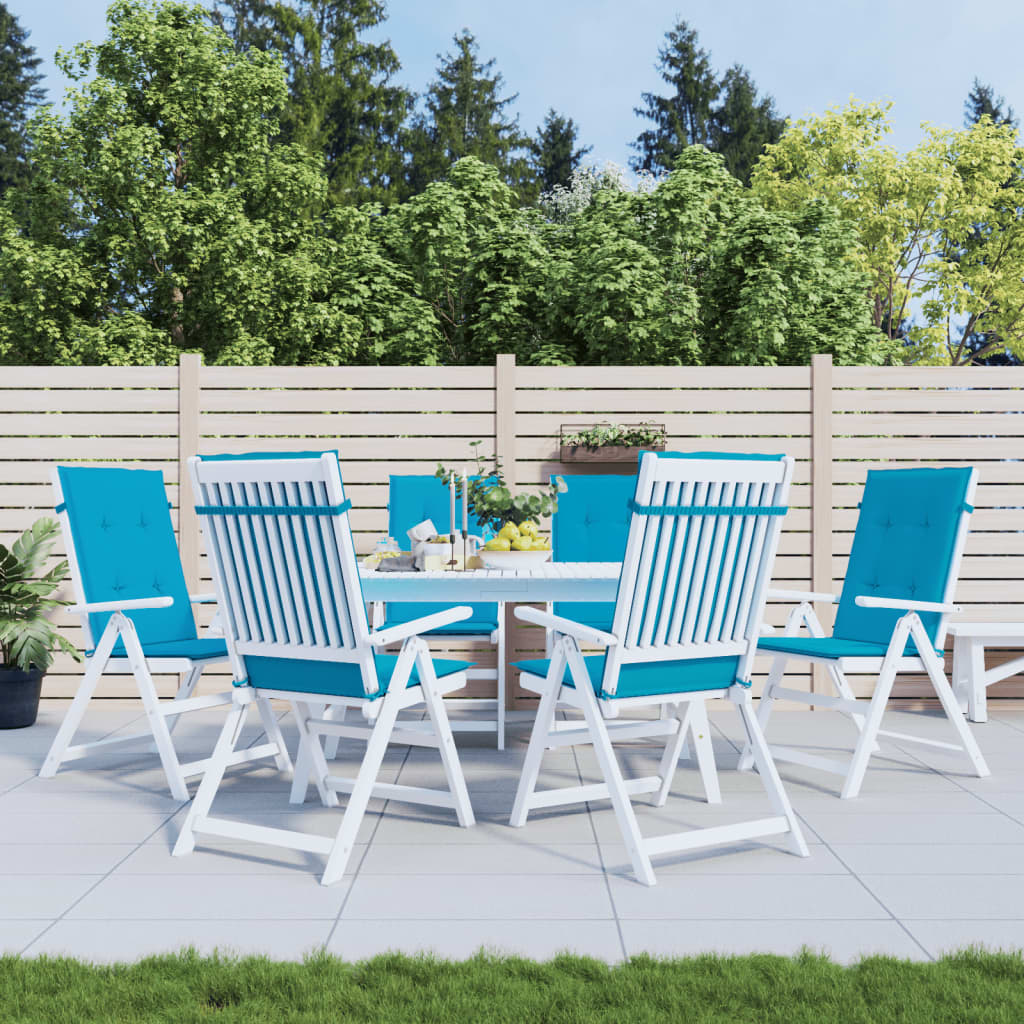 Six blue high-back chair cushions are shown on white patio chairs around a table.