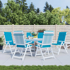 Six blue high-back chair cushions are shown on white patio chairs around a table.