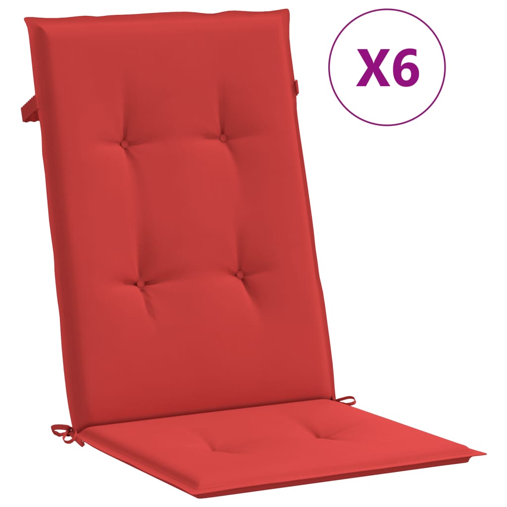 Set of six red polyester highback chair cushions with ties.