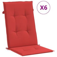 Set of six red polyester highback chair cushions with ties.
