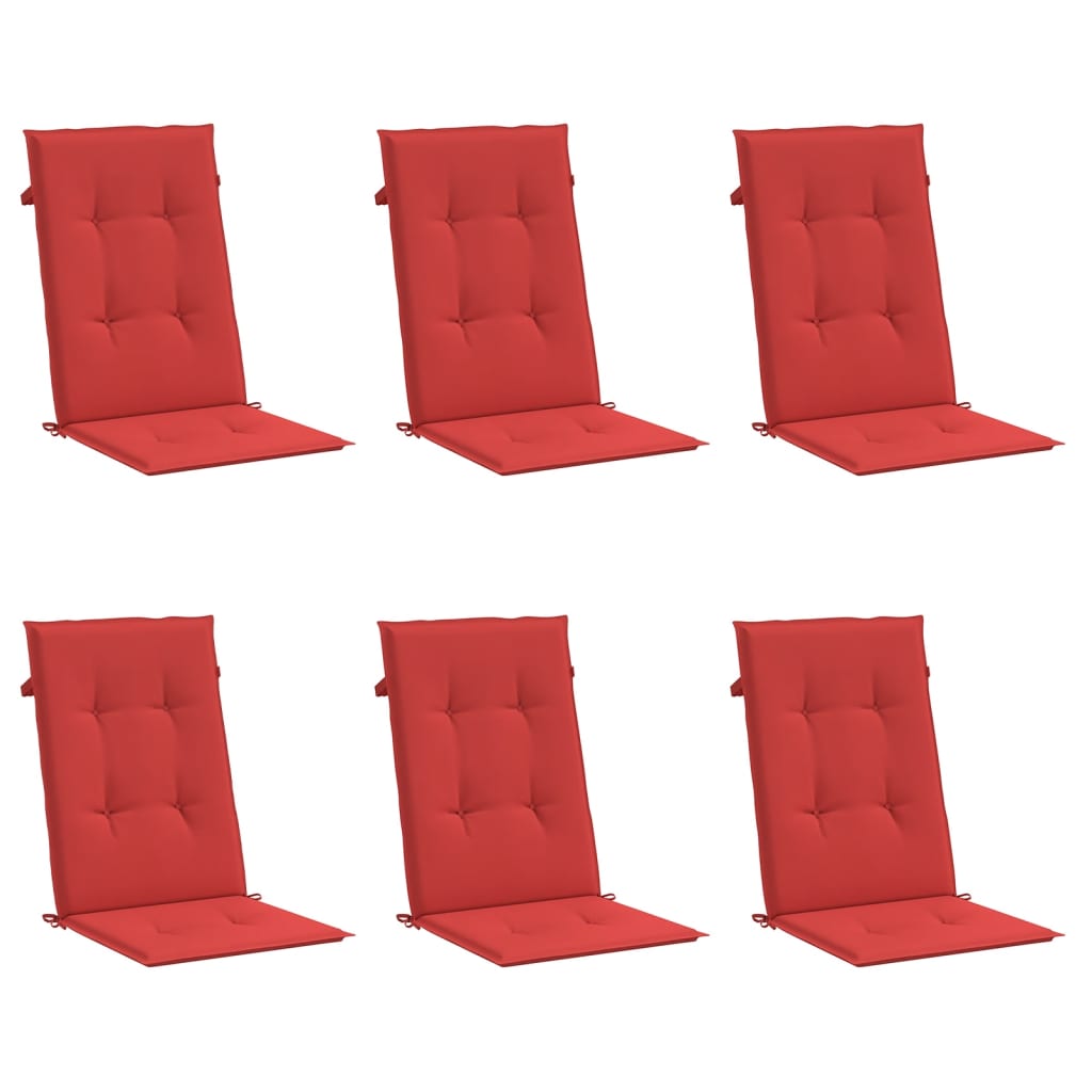 Set of six red polyester highback chair cushions with backrests and seats.
