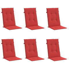 Set of six red polyester highback chair cushions with backrests and seats.