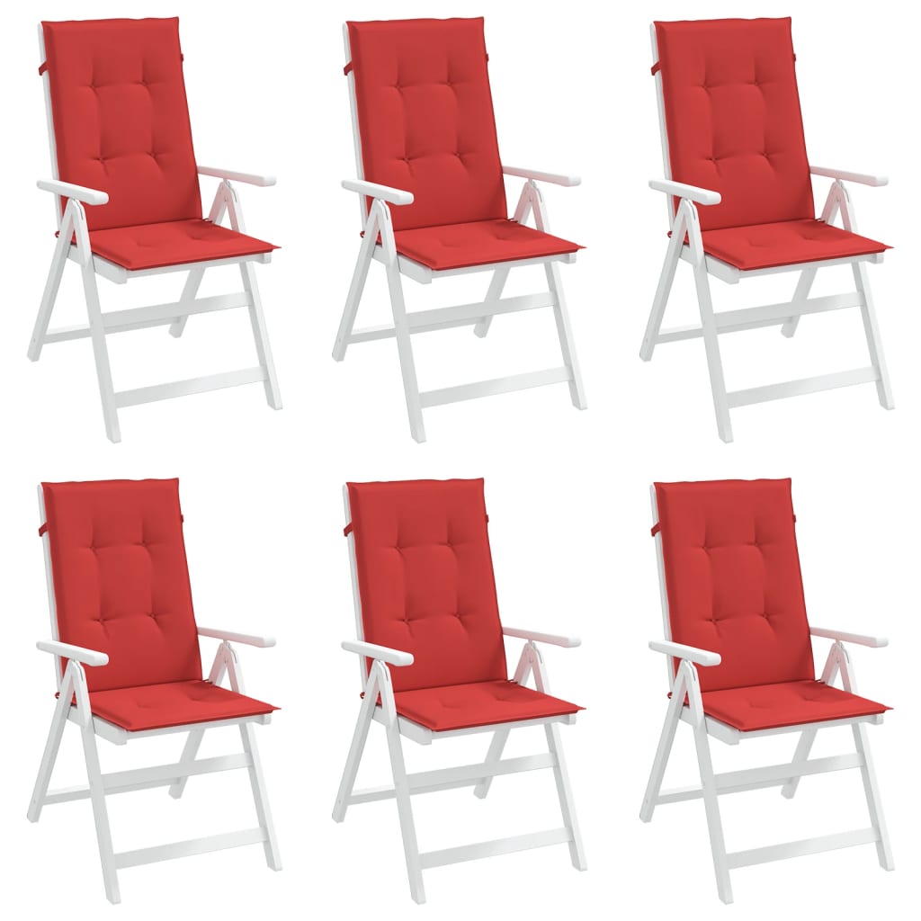 Set of six red polyester cushions for highback chairs, with ties and non-slip straps.