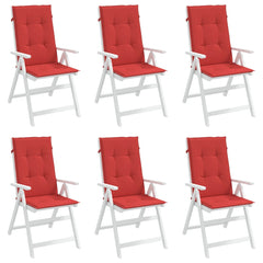 Set of six red polyester cushions for highback chairs, with ties and non-slip straps.