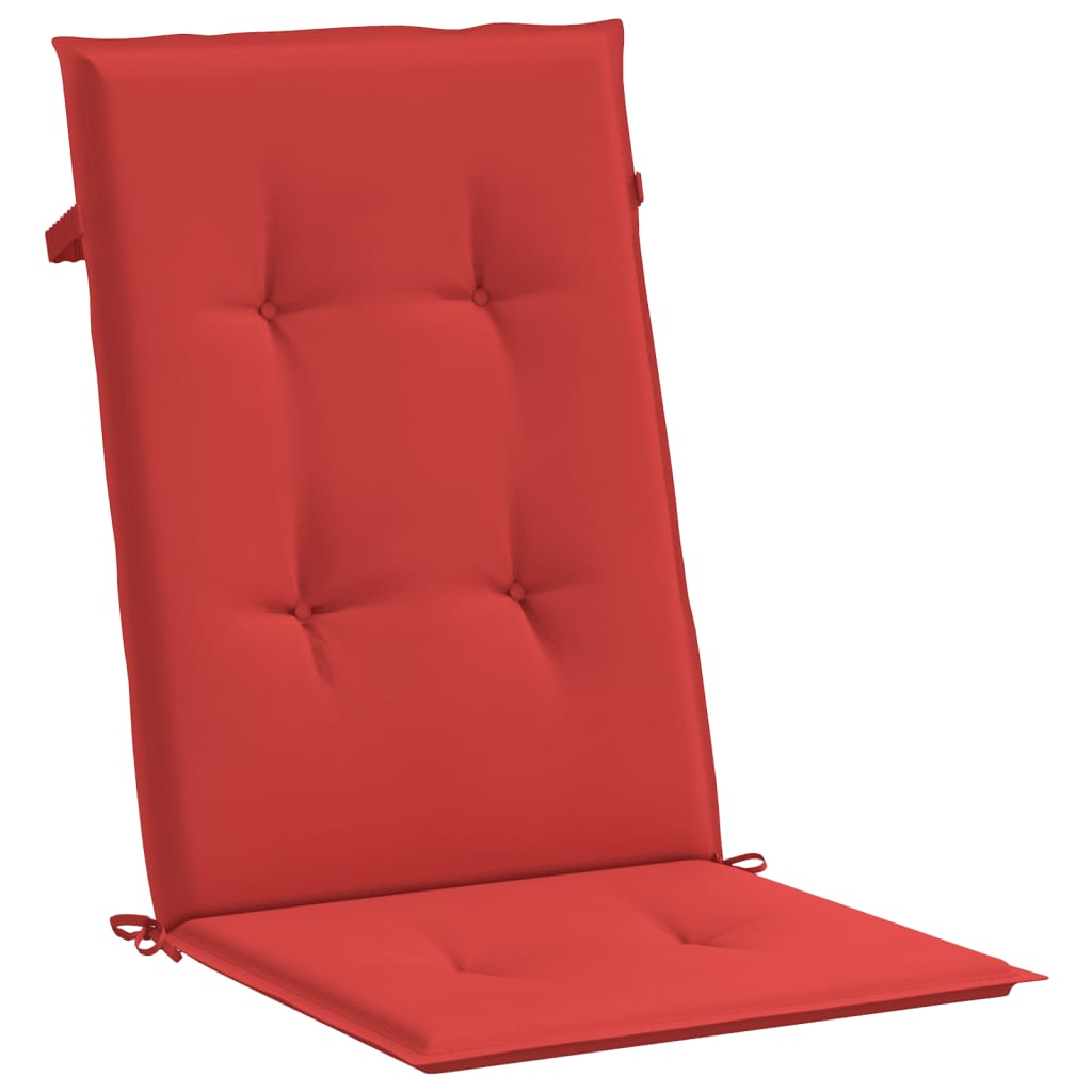 Set of six red polyester highback chair cushions with tufted design and ties.
