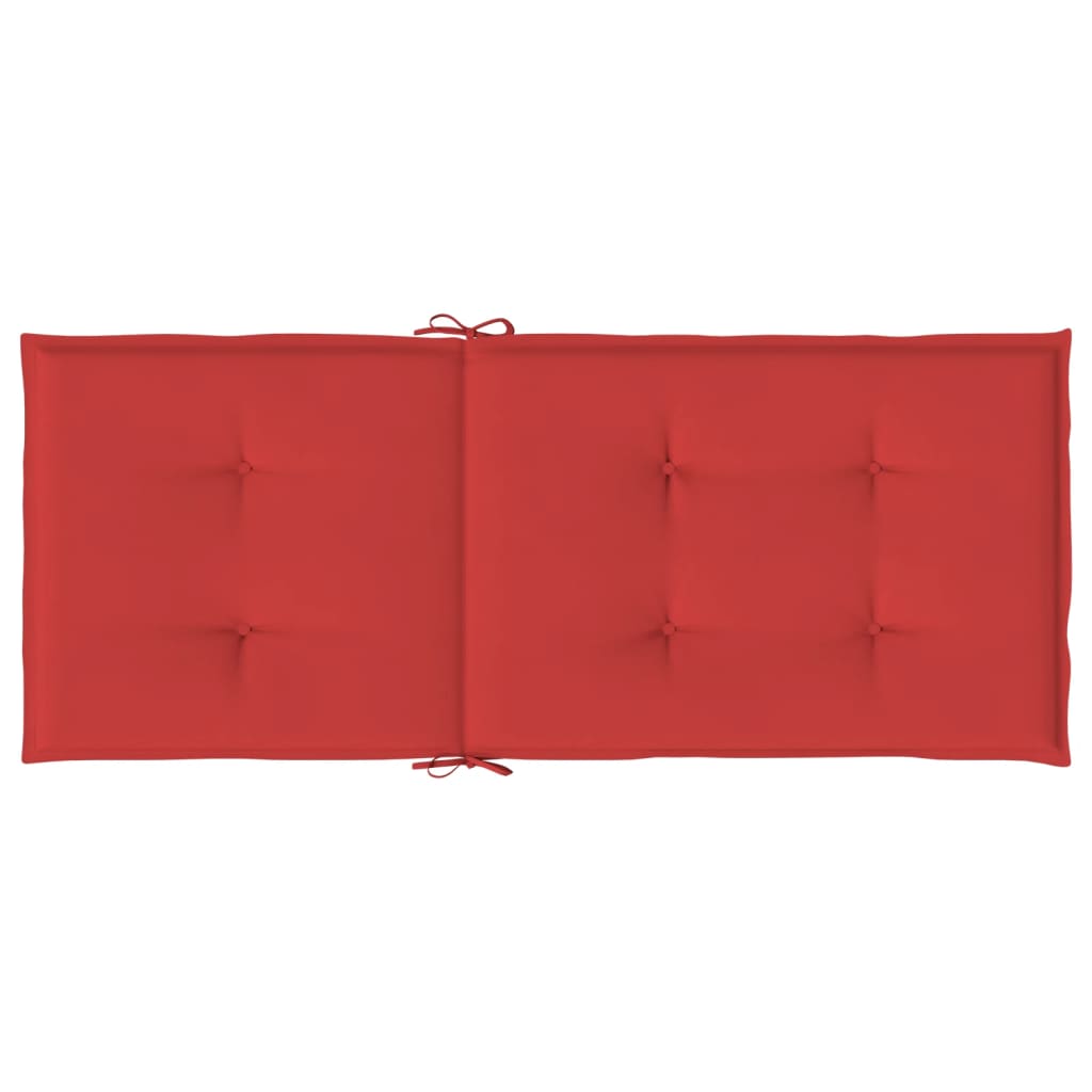 A set of two red tufted high-back chair cushions with ties.