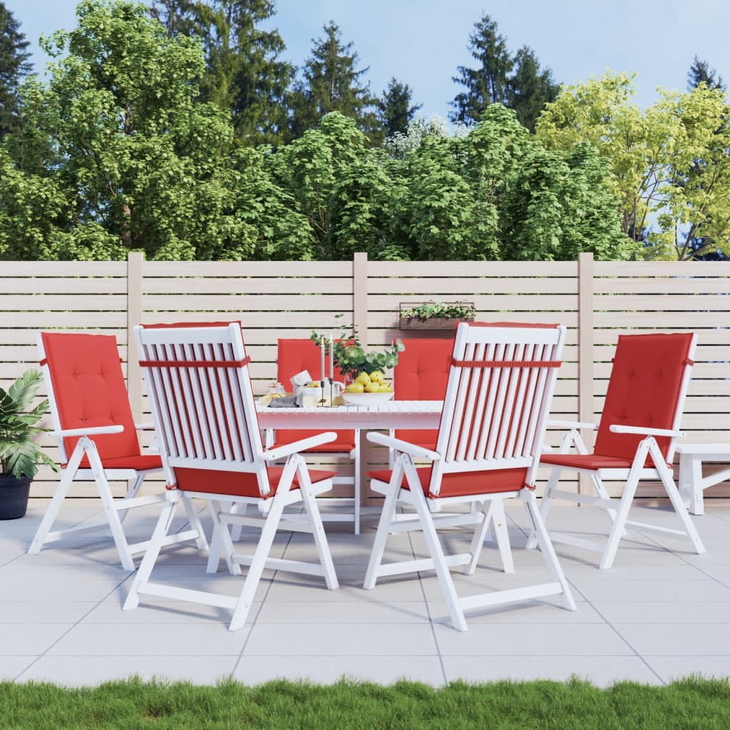 Set of six red polyester cushions for highback chairs, shown on white patio furniture.