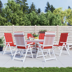 Set of six red polyester cushions for highback chairs, shown on white patio furniture.