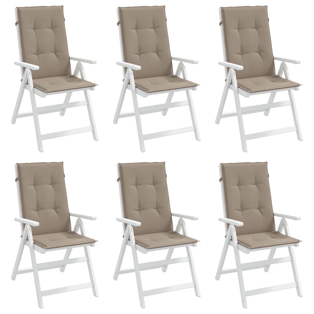 Set of six taupe polyester highback chair cushions, each 47.2x19.7x1.2 inches.