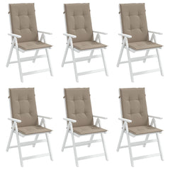 Set of six taupe polyester highback chair cushions, each 47.2x19.7x1.2 inches.