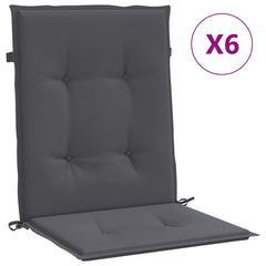 Set of 6 anthracite Oxford fabric lowback garden chair cushions with straps.