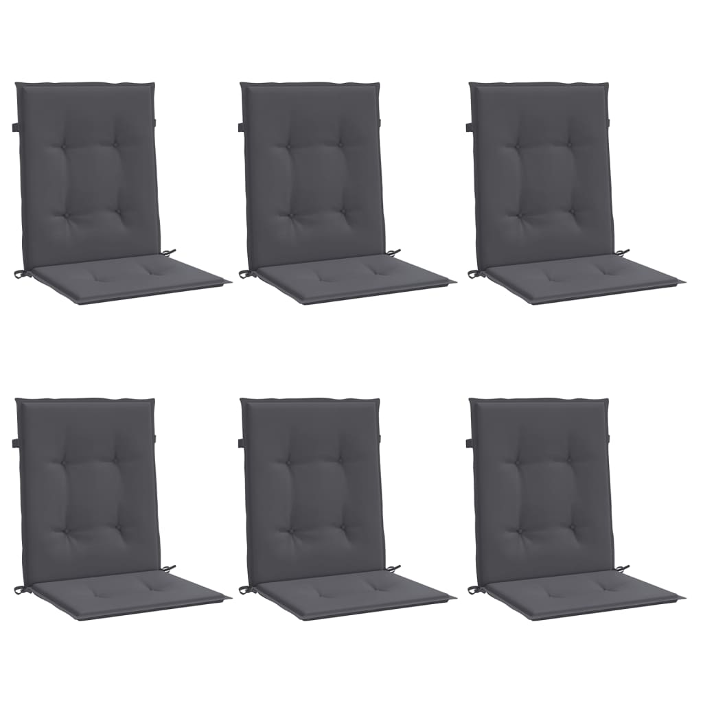 Six anthracite Oxford fabric lowback garden chair cushions with padded seats and backs.