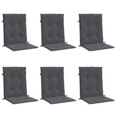 Six anthracite Oxford fabric lowback garden chair cushions with padded seats and backs.