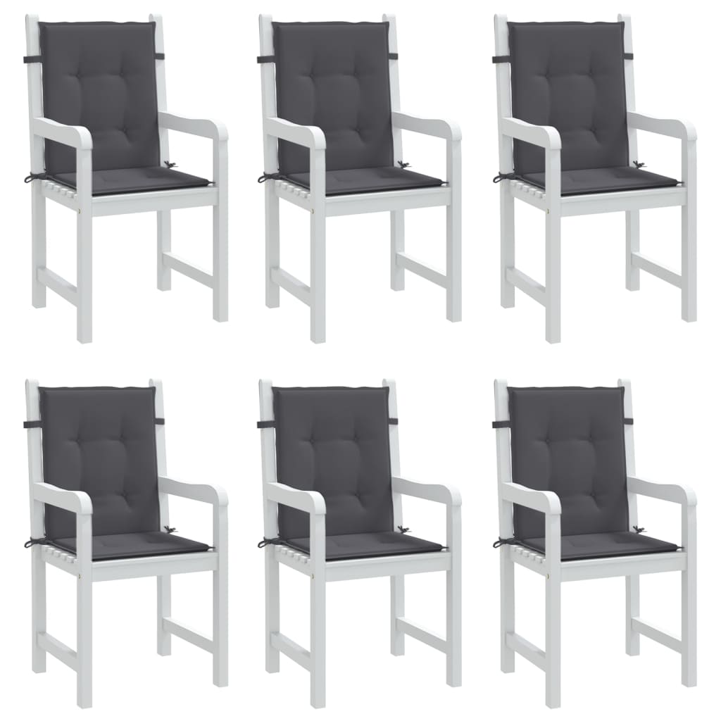 Six anthracite Oxford fabric cushions for lowback garden chairs.