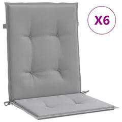 Six gray Oxford fabric garden lowback chair cushions are shown.