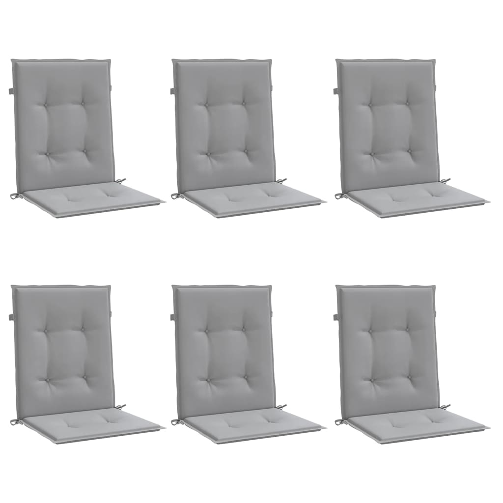 Set of six gray Oxford fabric cushions for garden lowback chairs, with seat and back pads.