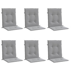 Set of six gray Oxford fabric cushions for garden lowback chairs, with seat and back pads.