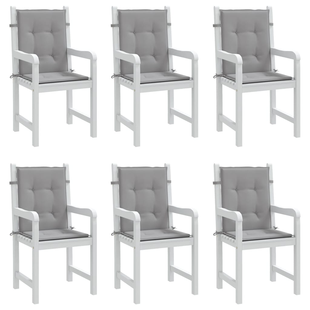 Set of 6 gray Oxford fabric cushions for garden lowback chairs with ties.