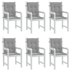 Set of 6 gray Oxford fabric cushions for garden lowback chairs with ties.