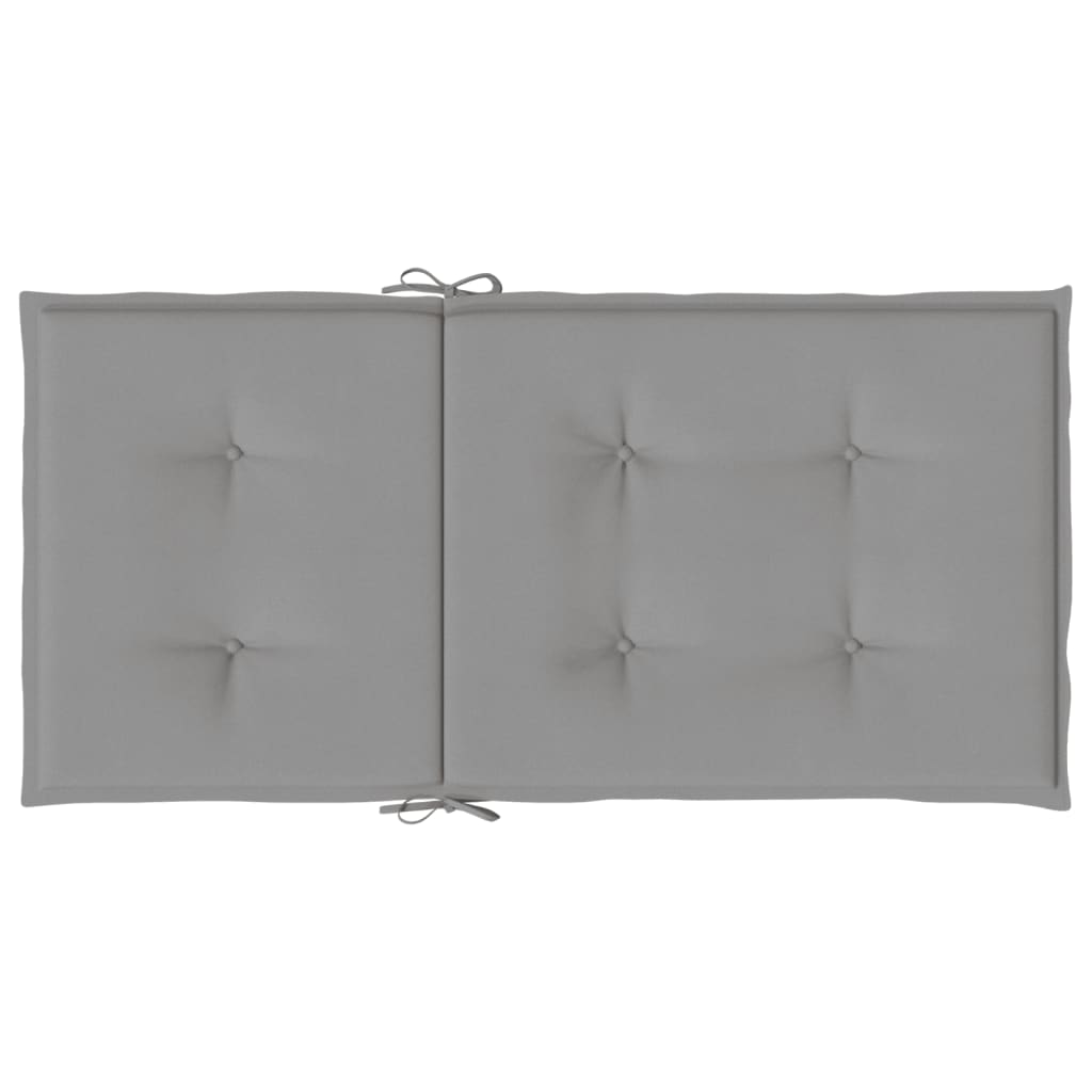 Two gray tufted low-back chair cushions are shown from an overhead view.