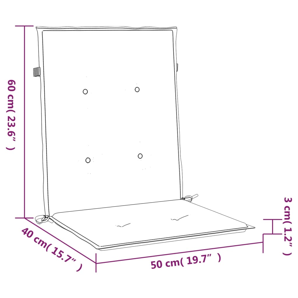Diagram of gray garden chair cushions: seat 50x40cm, back 60x50cm, with ties.