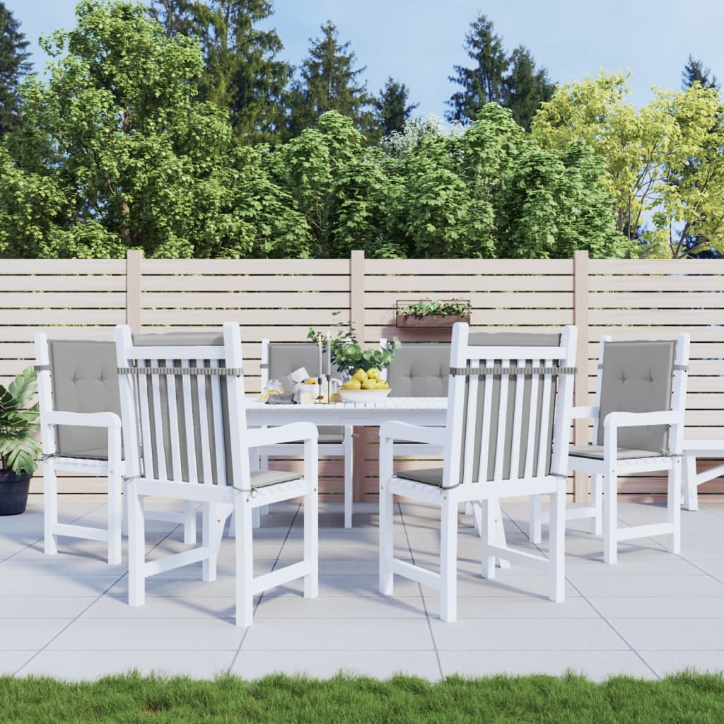 Six gray Oxford fabric cushions for lowback garden chairs, with ties and elastic straps.