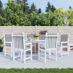 Six gray Oxford fabric cushions for lowback garden chairs, with ties and elastic straps.