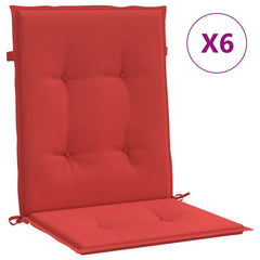 Six red Oxford fabric lowback chair cushions, each 39.4x19.7x1.2 inches, with ties.