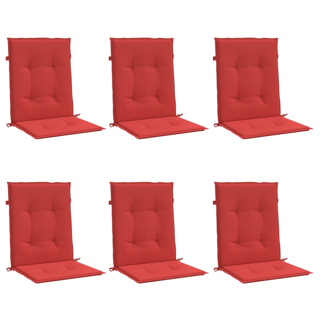 Six red Oxford fabric lowback chair cushions, each 39.4x19.7x1.2 inches.