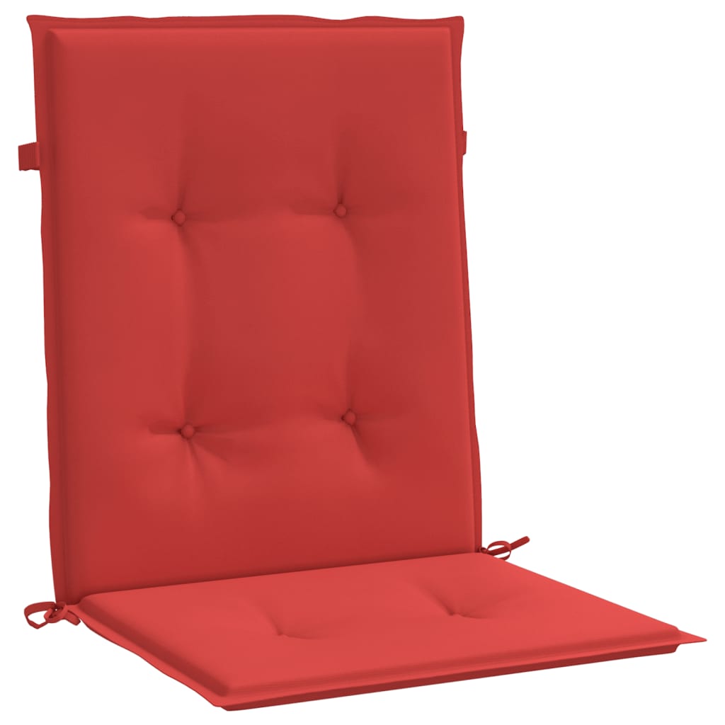 Six red Oxford fabric lowback chair cushions, each 39.4x19.7x1.2 inches, with tufting and ties.