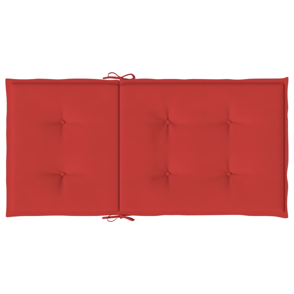 Six red Oxford fabric lowback chair cushions, each 39.4x19.7x1.2 inches, with tufting and ties.