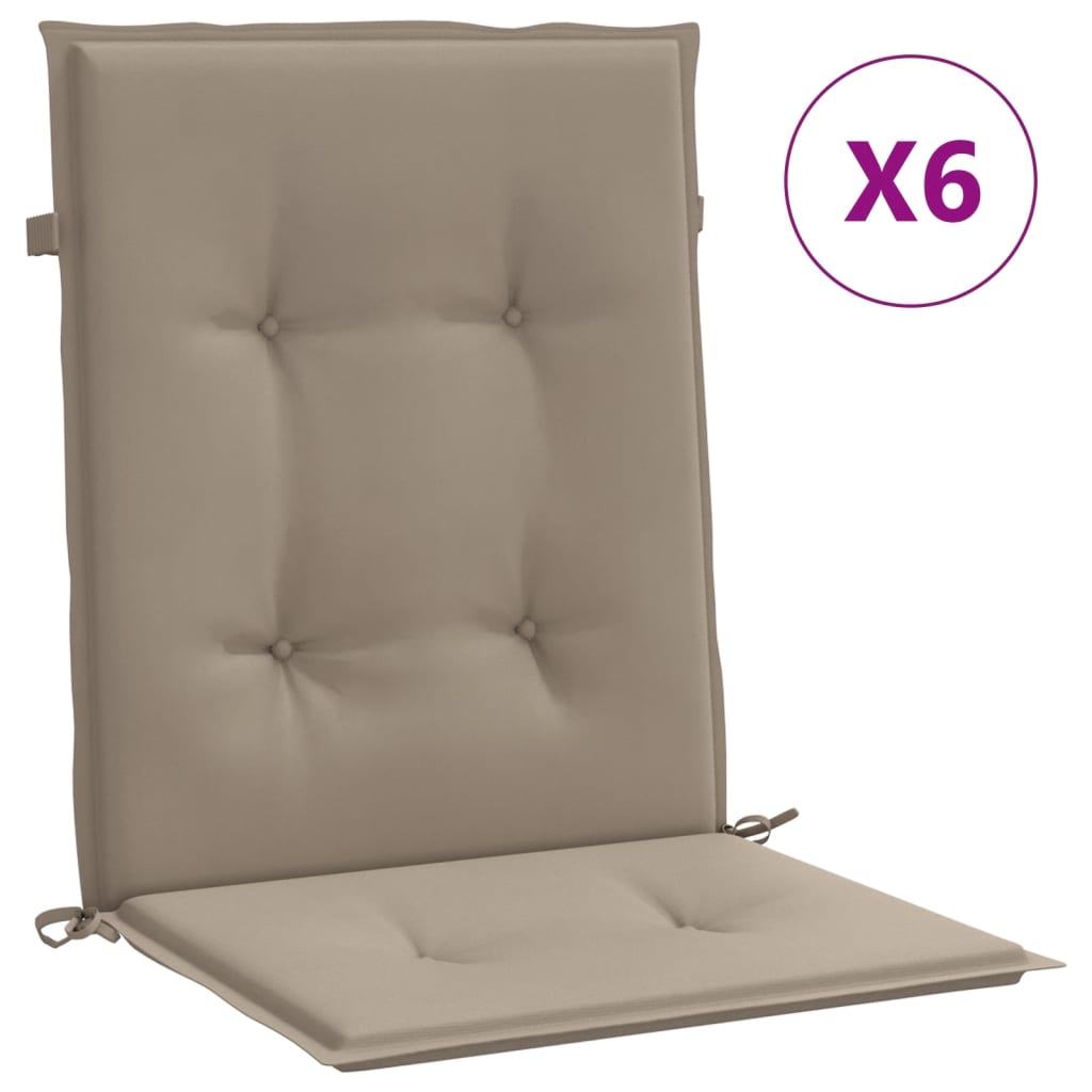 Set of six taupe Oxford fabric lowback chair cushions with ties.