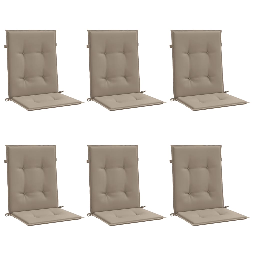 Set of six taupe Oxford fabric lowback chair cushions with ties.