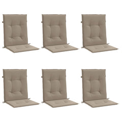 Set of six taupe Oxford fabric lowback chair cushions with ties.