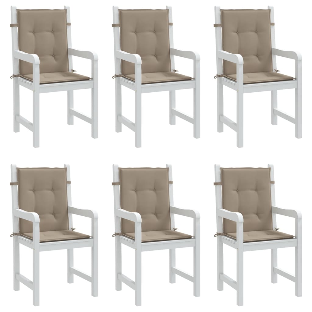 Six taupe Oxford fabric lowback chair cushions with ties and straps.