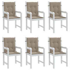Six taupe Oxford fabric lowback chair cushions with ties and straps.