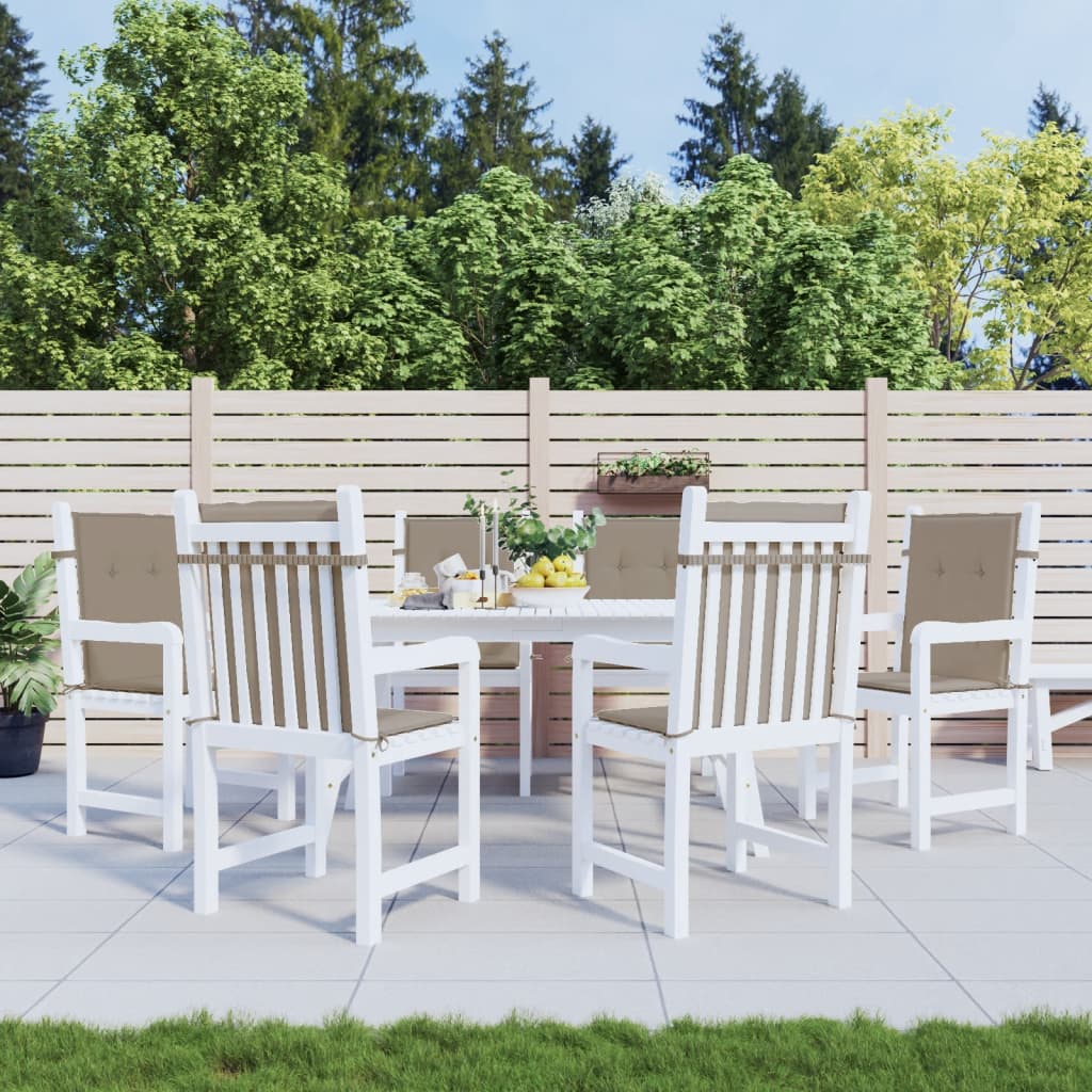 A 6-pack of taupe Oxford fabric lowback chair cushions with ties, on white patio chairs.
