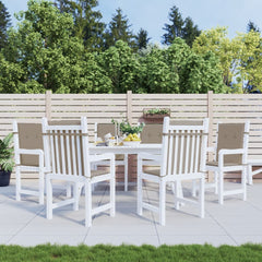 A 6-pack of taupe Oxford fabric lowback chair cushions with ties, on white patio chairs.