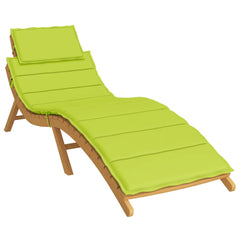 Bright green Oxford fabric sun lounger cushion, 73x23 inches, with tie-down straps.